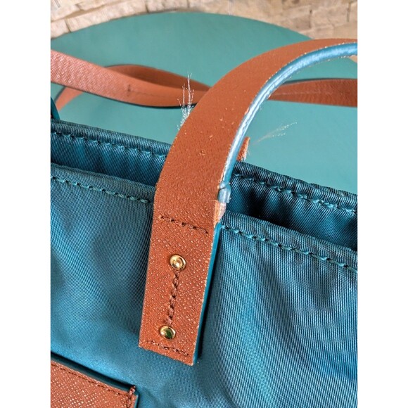 Tory Burch Penn Nylon Faux Leather 14" Tote Shoulder Bag Teal Brown GUC - Picture 12 of 16